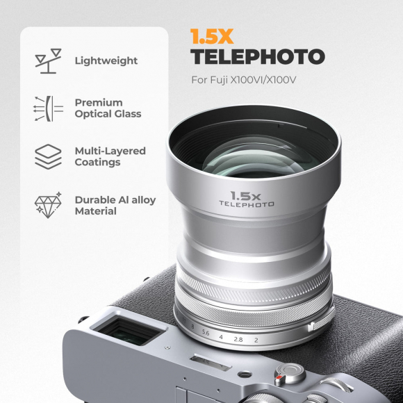 Телеобъектив Freewell 1.5x для Fujifilm X100VI/X100V, серебристый Телеобъектив Freewell 1.5x для Fujifilm X100VI/X100V, серебристый