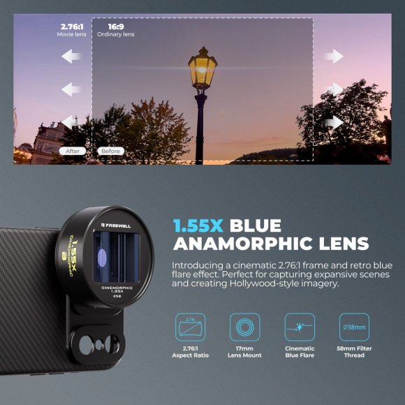Анаморфный объектив Freewell 1.55x Blue с креплением 17 мм для смартфона
