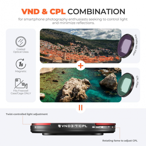 Магнитный гибридный фильтр Freewell Sherpa VND 3-7 stop и CPL для iPhone Магнитный гибридный фильтр Freewell Sherpa VND 3-7 stop и CPL для iPhone
