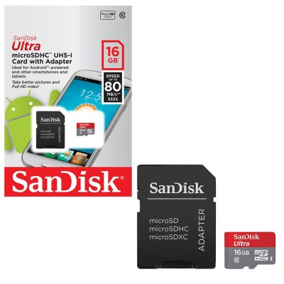 MicroSD  16GB  SanDisk Class 10 Ultra Android UHS-I (80 Mb/s) + SD адаптер