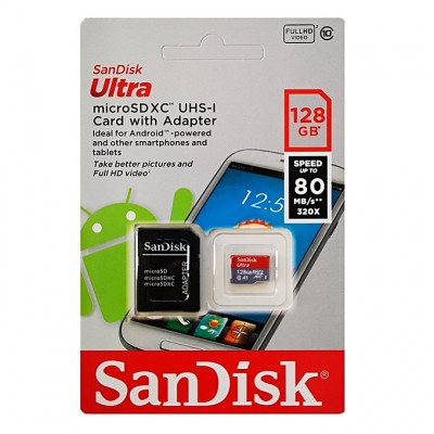 MicroSD  128GB  SanDisk Class 10 Ultra Android UHS-I  (80 Mb/s) + SD адаптер